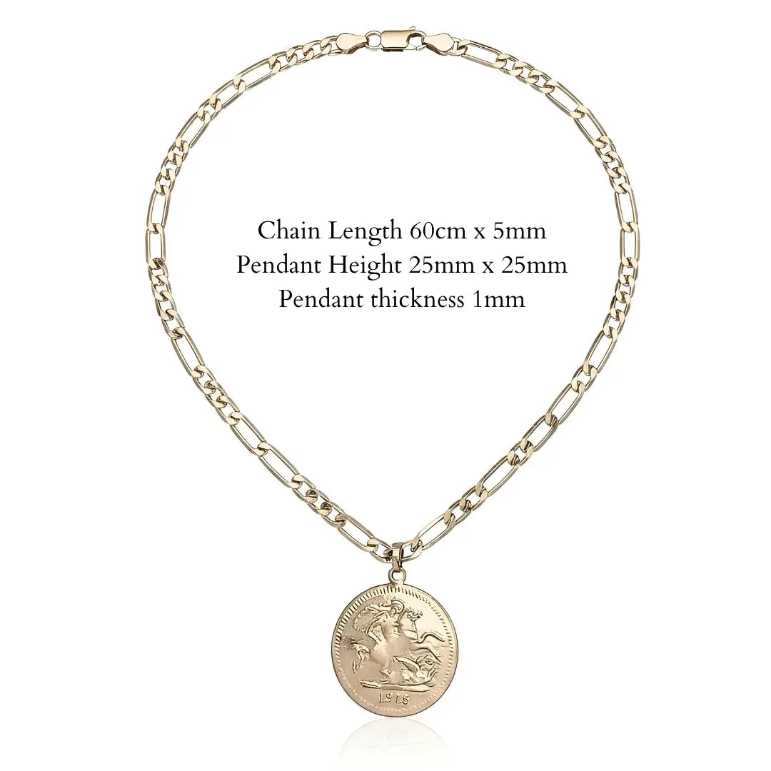 18K Gold Filled 1918 Sovereign Coin Pendant Necklace – 24mm x 24mm Medallion with 60cm 4mm Figaro Chain for Men & Women